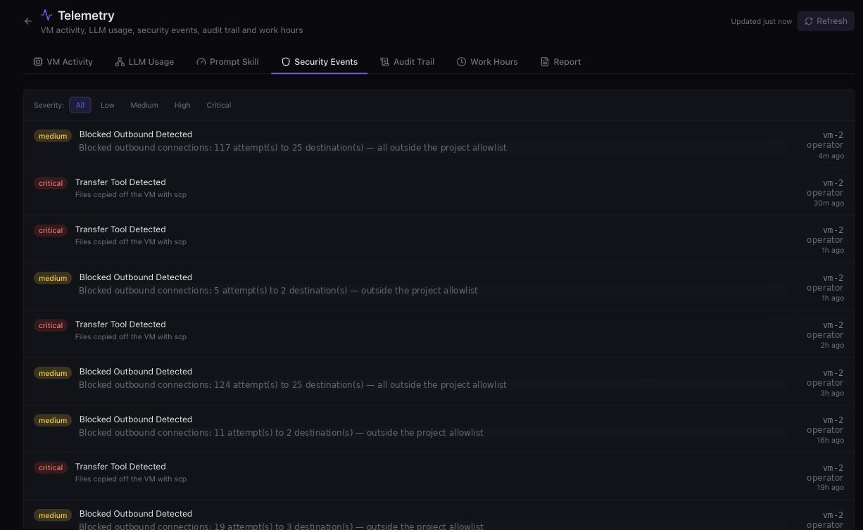 Ottia Console: security events for one seat: blocked outbound connections and transfer-tool detections